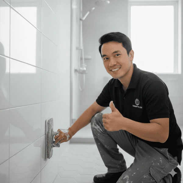 Professional Tricoat Pte Ltd specialist completing a regrouting service in Singapore on white bathroom wall tiles.